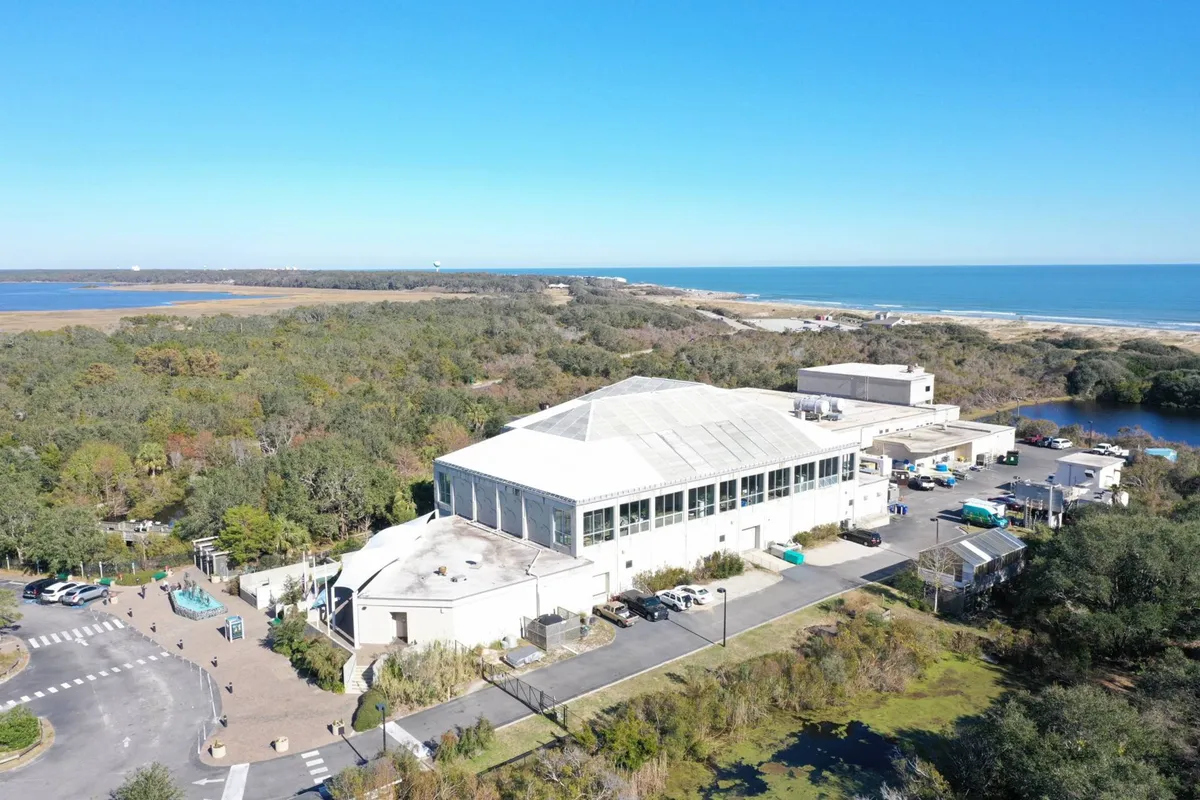 A large building is set against a backdrop of greenery, with an ocean view in the distance. The scene invites visitors to experience both community amenities and beachside adventure, evoking a relaxed yet active vibe.