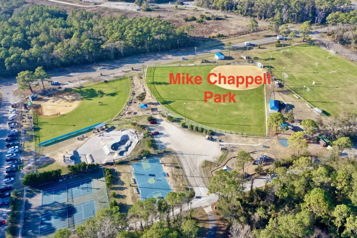 A vibrant park scene with a baseball field, playground, basketball and tennis courts, and lush green spaces. Children are playing, families are picnicking, and the area buzzes with energy, reflecting a community-oriented setting ideal for kids and pets.